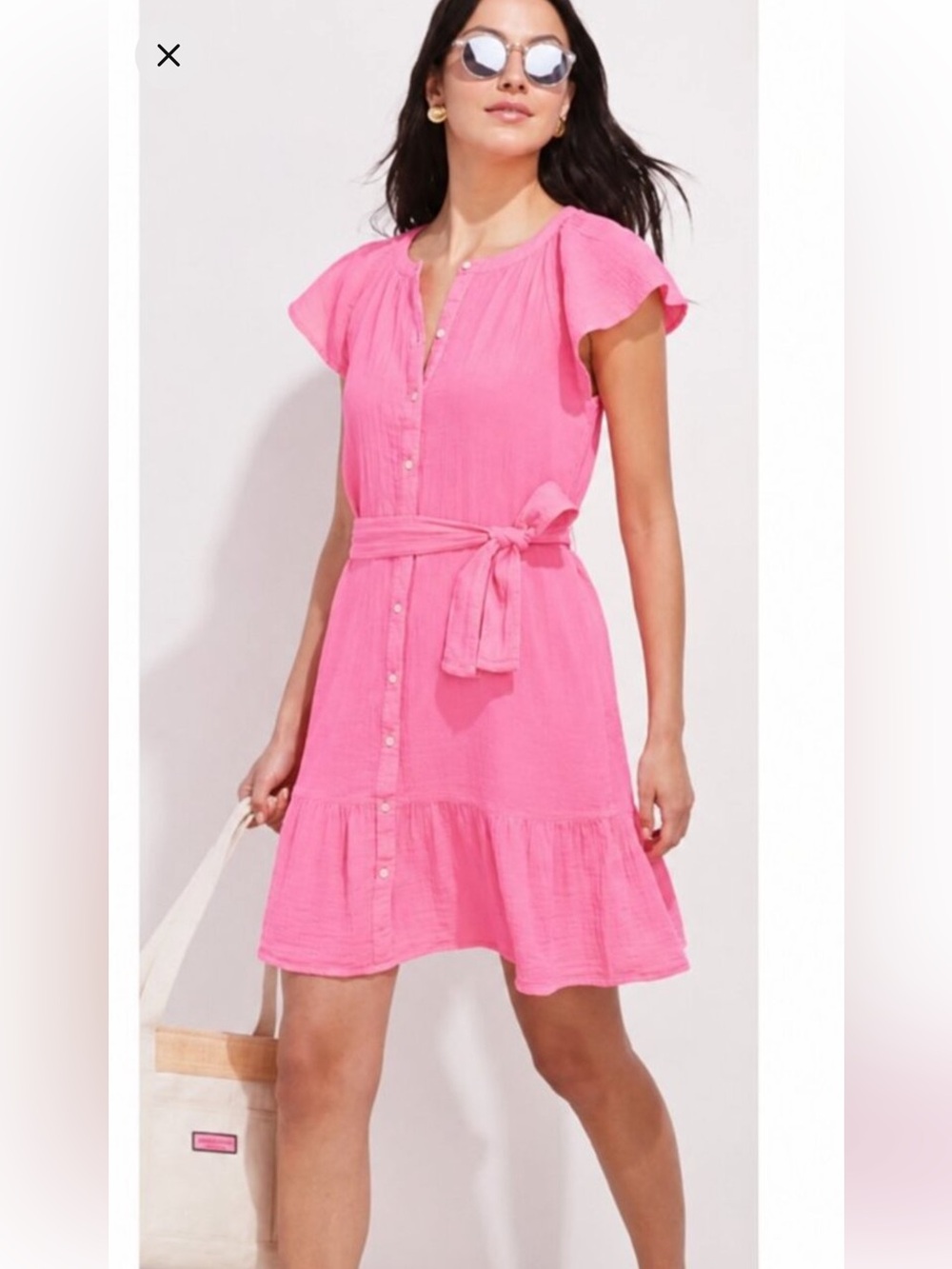 Pink Flutter Sleeve Wrap Dress Vineyard Vines pink wrap dress sz L button up